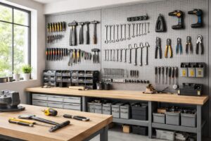 optimisez l'organisation de votre atelier grâce à nos solutions d'agencement de panneaux perforés, pour un espace de travail plus fonctionnel et efficace.