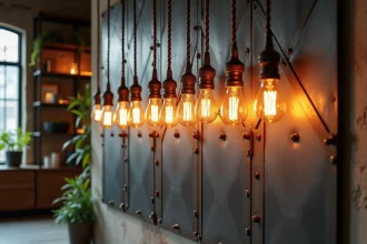 Panneau mural en fer brut style industriel avec ampoules Edison dans un loft aux murs en brique et béton