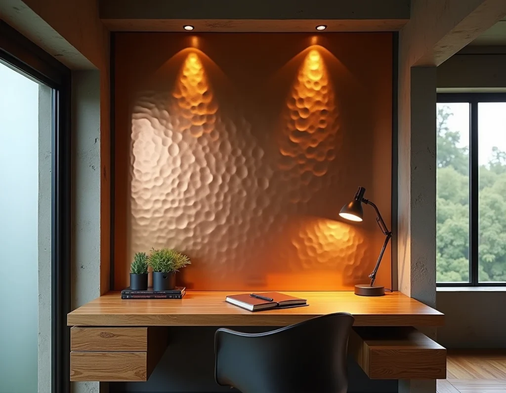 Bureau design industriel avec panneau mural en cuivre martelé et lampe arquée dans un appartement en béton brut