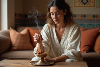 Femme utilisant de l'encens arabe en grain sur un charbon ardent dans un brûleur en laiton traditionnel, ambiance marocaine chaleureuse