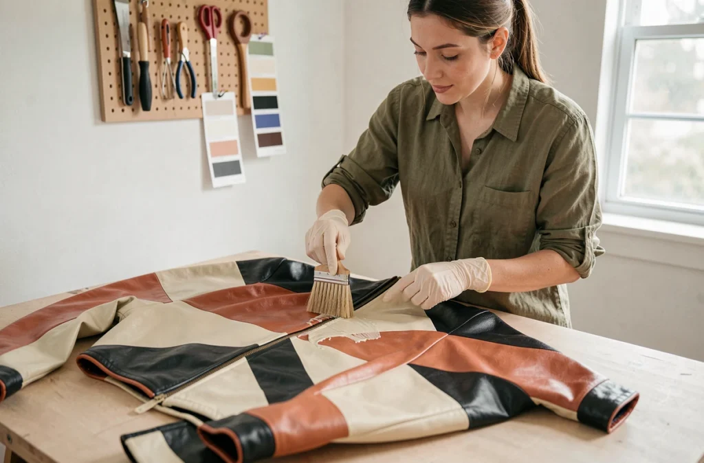 Jeune femme appliquant une finition protectrice mate sur un blouson en cuir peint à la main avec des motifs géométriques colorés