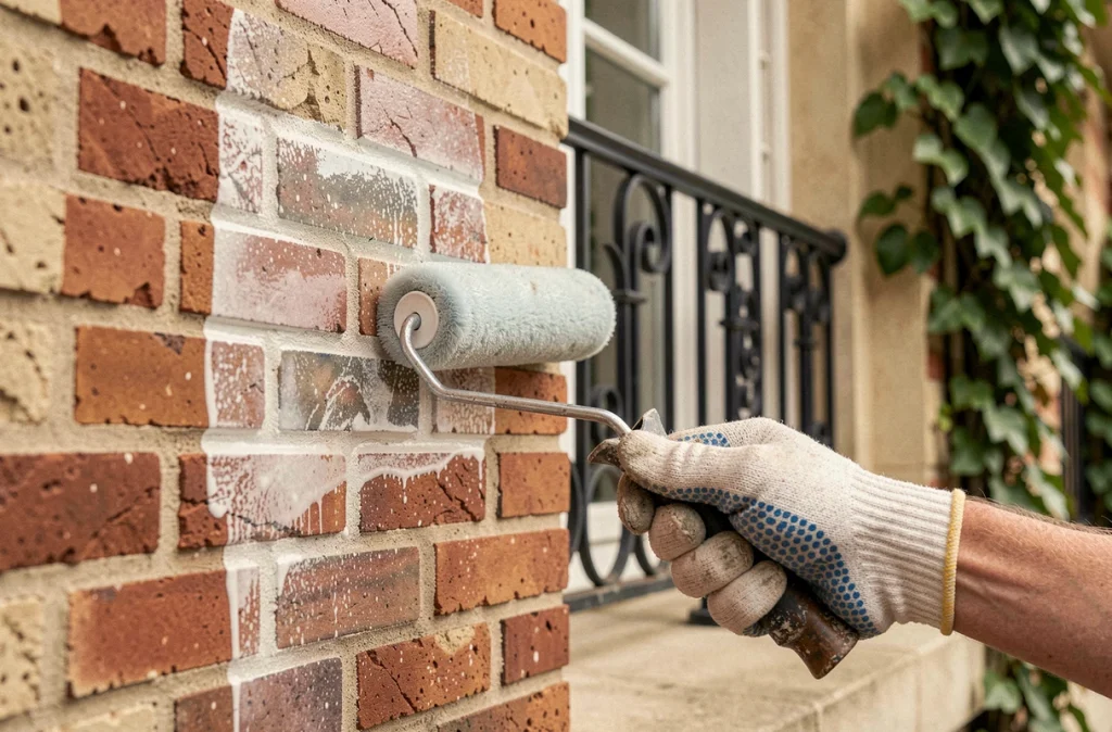Main d'artisan appliquant un traitement hydrofuge sur une façade en brique rouge au rouleau, comparatif nettoyage et protection façade au m2