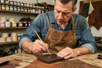 Artisan appliquant de la peinture acrylique sur un portefeuille en cuir marron dans un atelier de maroquinerie