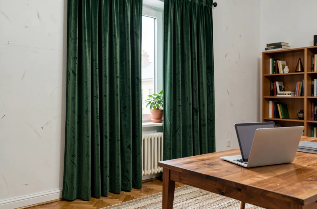 Bureau à domicile avec rideaux thermiques vert velours fermés devant une grande fenêtre en hiver