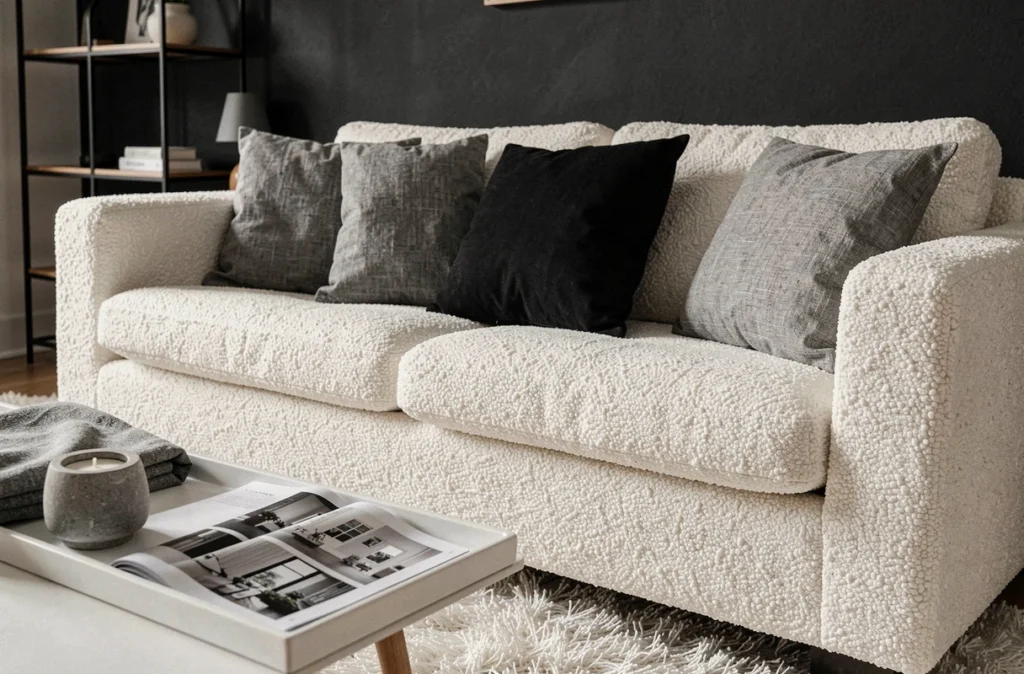Canapé bouclé blanc avec coussins gris et noir dans un salon contemporain aux murs anthracite, décoré avec un plateau en céramique et des accessoires minimalistes
