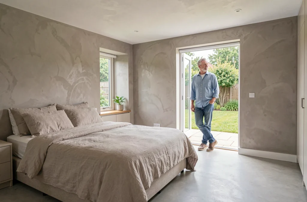 Chambre accessible dans une maison plain-pied en L, espace dégagé autour du lit et accès direct au jardin