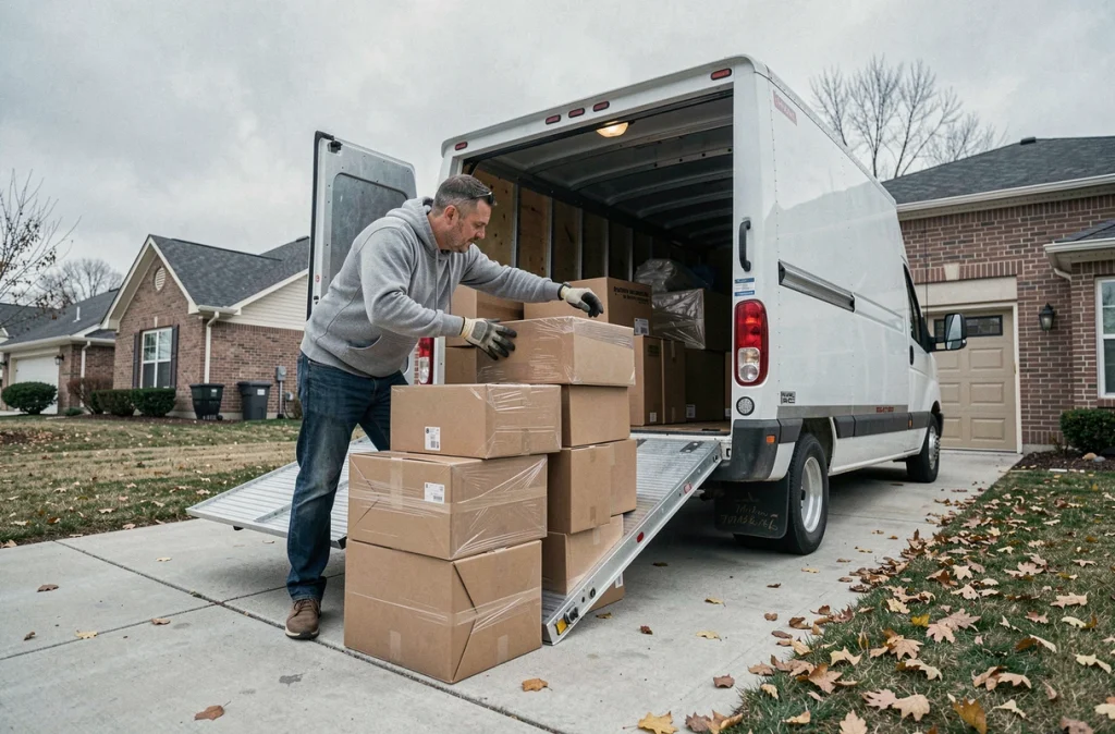 Homme chargeant des cartons dans un camion de déménagement devant une maison pour un déménagement longue distance
