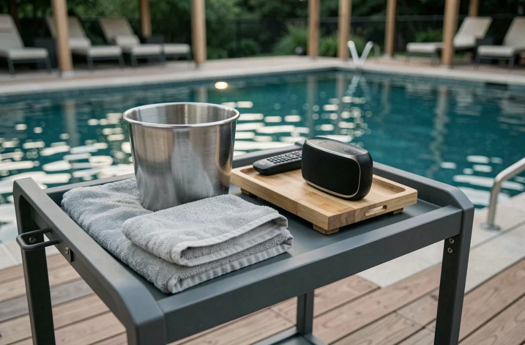 Chariot bar équipé d'accessoires indispensables pour profiter de sa piscine en soirée, posé sur une terrasse en bois