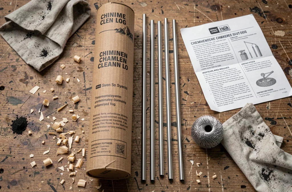 Comparaison entre une bûche de ramonage et des outils de ramonage mécanique posés sur un établi en bois