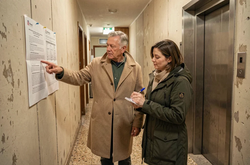 Deux copropriétaires consultant un avis technique affiché dans le couloir de leur immeuble concernant les contraintes du RIBO T