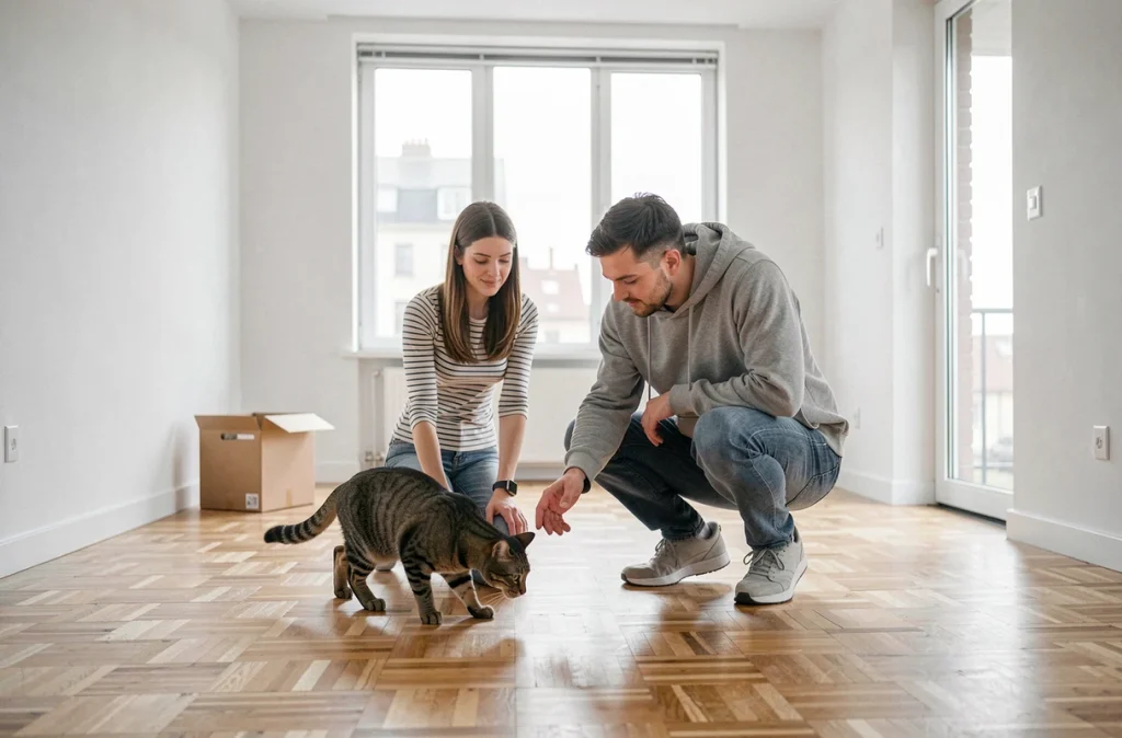 Couple observant leur chat explorer un nouvel appartement vide lors d'un emménagement