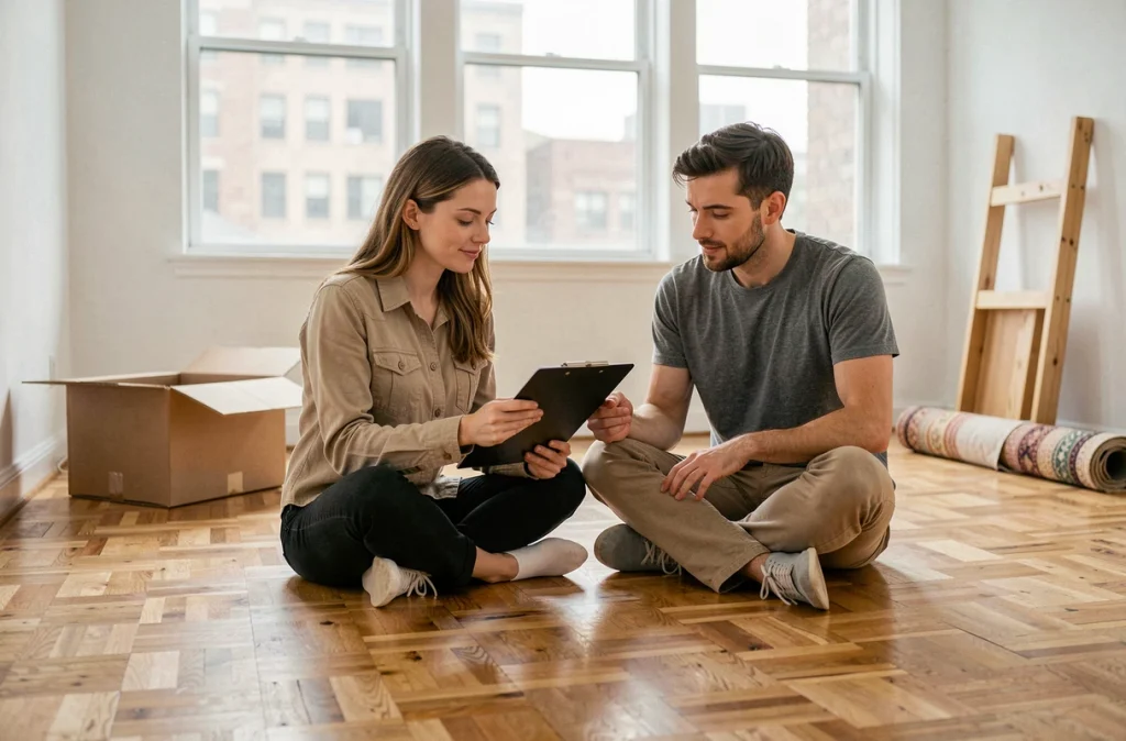 Couple consultant une liste de contrôle assis dans un appartement vide lors d'un déménagement longue distance organisé