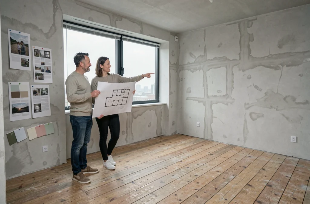 Couple planifiant la décoration intérieure d'un appartement vide avec des plans et des échantillons de couleurs