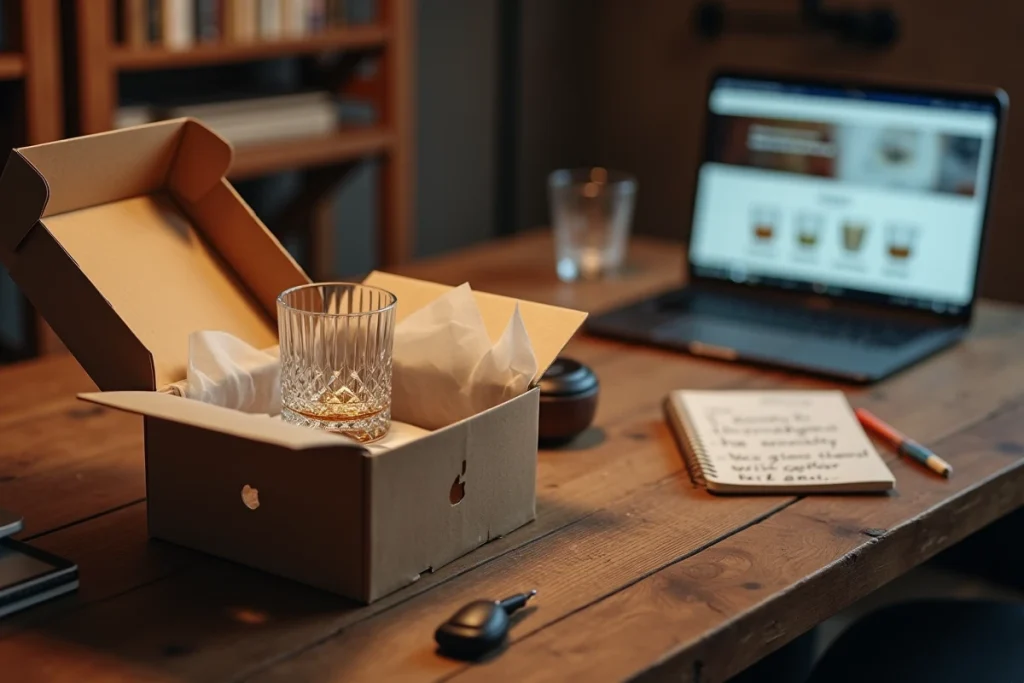 Déballage d'un verre à whisky en cristal commandé en ligne, posé sur un bureau avec son emballage et un ordinateur affichant une boutique web