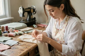 Jeune femme débutante en couture qui enfile une aiguille à une table en bois avec des bobines de fil colorées