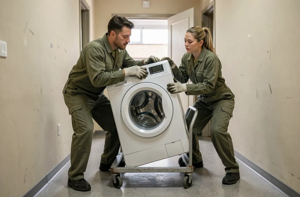 Deux déménageurs professionnels transportant un lave-linge sur un diable dans un couloir d'appartement lors d'un déménagement