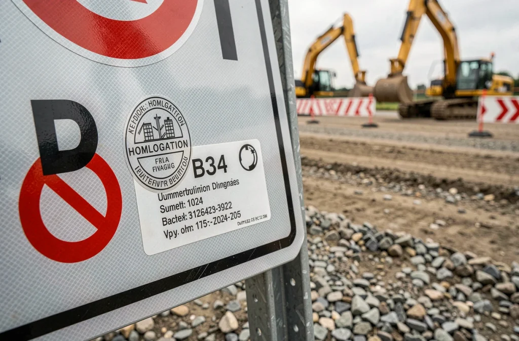 Gros plan sur le tampon d'homologation et la surface rétroréfléchissante d'un panneau B34 de chantier routier