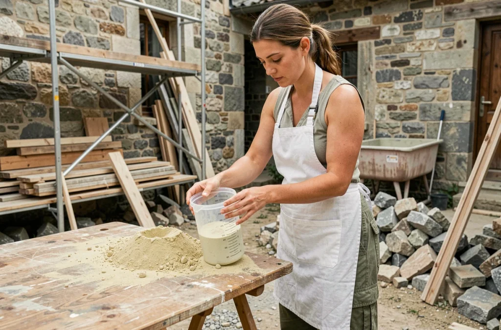 Spécialiste en restauration mesurant le dosage précis de chaux et sable pour préparer un mortier d'enduit sur façade en pierre ancienne
