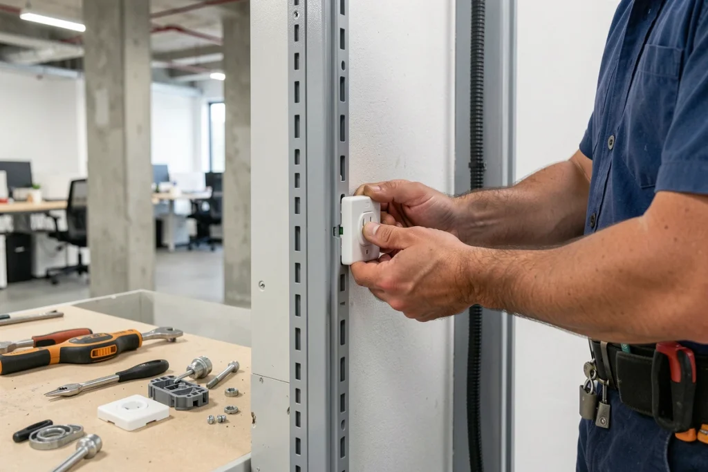 Électricien installant une prise modulaire dans une goulotte de câbles grise dans un bureau professionnel moderne