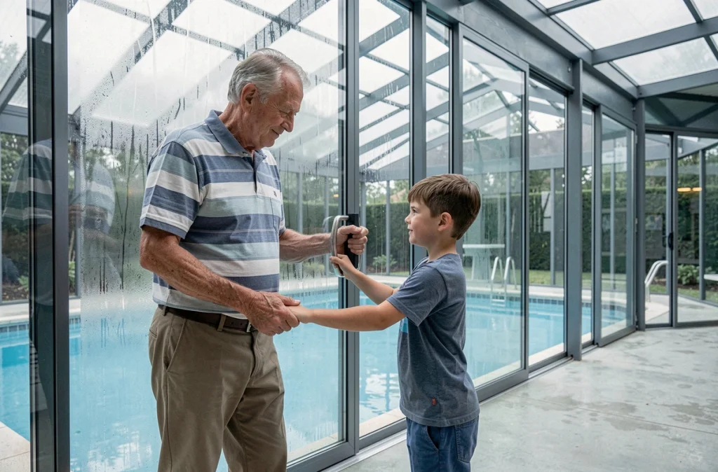 Grand-père expliquant à un enfant le fonctionnement d'une porte sécurisée d'une piscine couverte