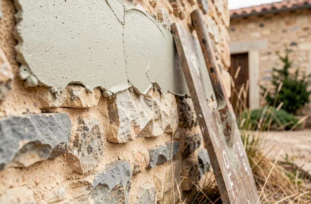 Gros plan d'un enduit chaux sable respirant appliqué à la taloche sur un mur en pierre ancienne d'une maison provençale
