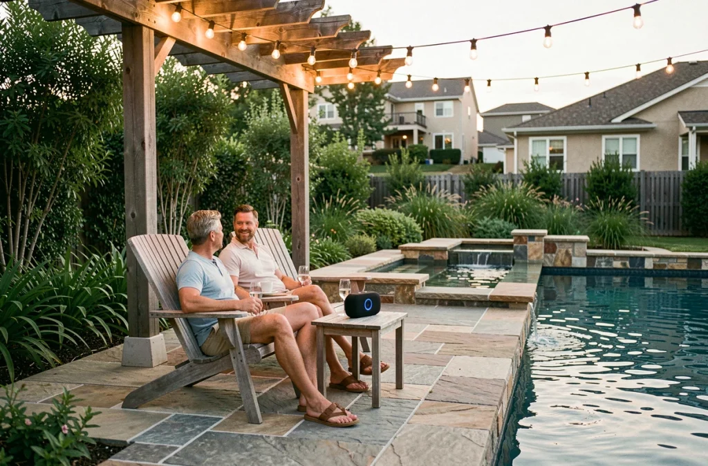 Couple installé au bord d'une piscine en soirée avec une enceinte Bluetooth étanche et des guirlandes lumineuses