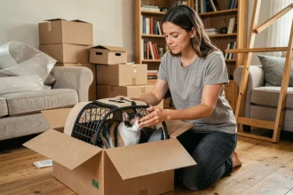 Femme préparant son chat dans un sac de transport lors d'un déménagement, entourée de cartons