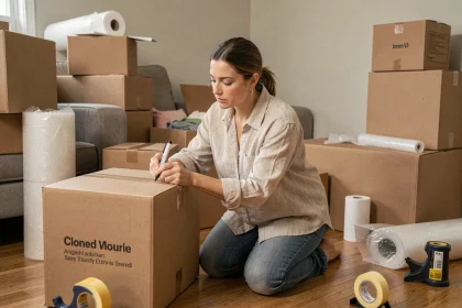 Femme étiquetant des cartons de déménagement dans un salon à moitié emballé pour un déménagement longue distance