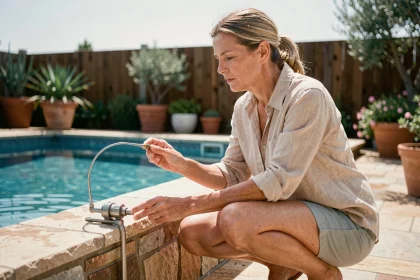 Femme vérifiant le niveau d'eau d'une piscine extérieure avec un indicateur mural, geste d'économie d'eau au bord de la piscine