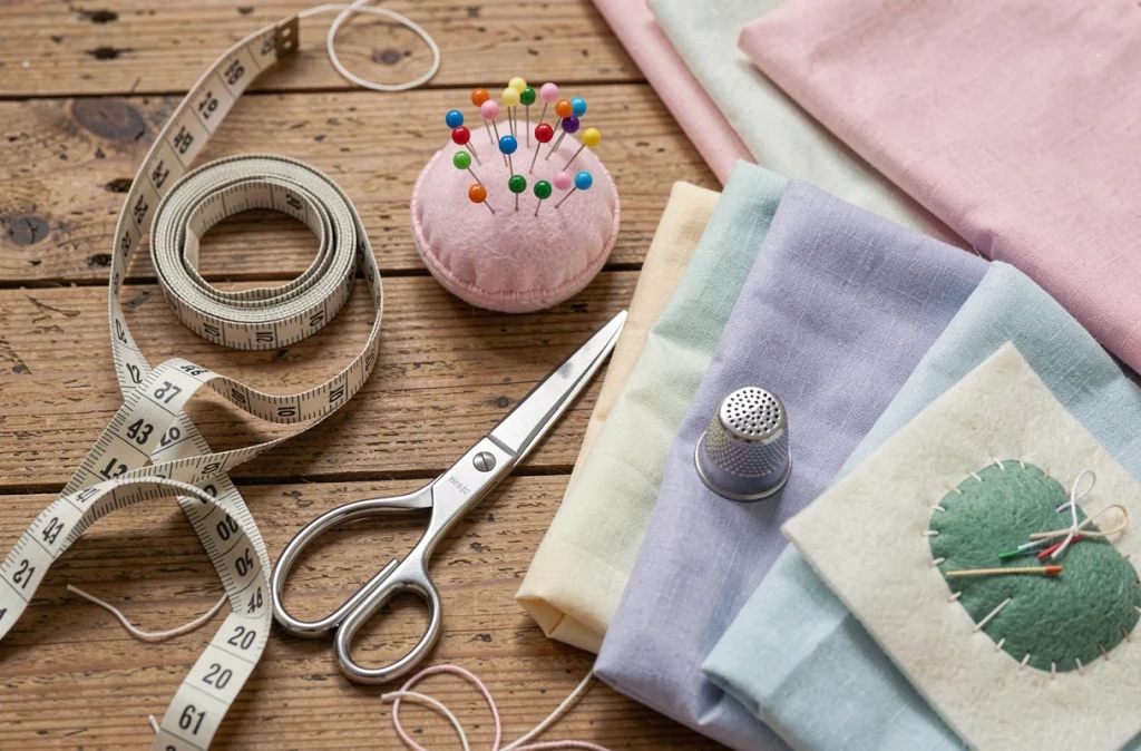 Flat lay d'accessoires essentiels pour débutants en couture sur une table en bois rustique avec mètre ruban et épingles