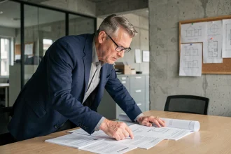 Gestionnaire de copropriété examinant des documents techniques liés au RIBO T dans une salle de réunion moderne