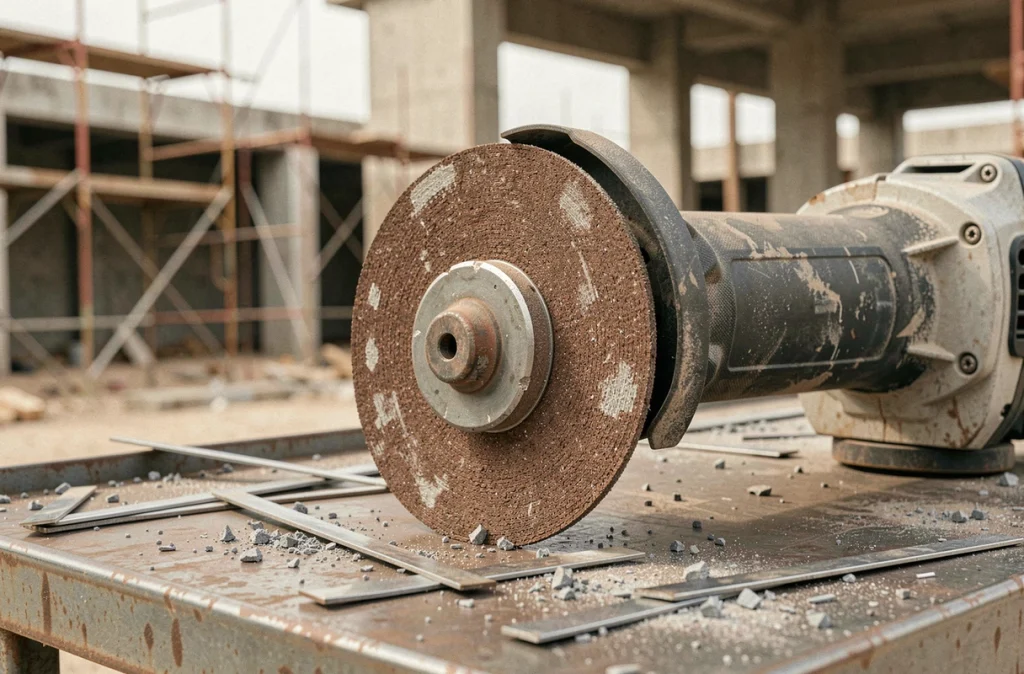 Gros plan d'un disque à tronçonner abrasif usé monté sur une meuleuse d'angle sur un chantier