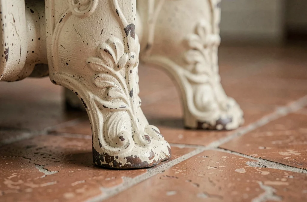 Gros plan sur des pieds de radiateur en fonte avec relief floral sur carrelage tomette rustique