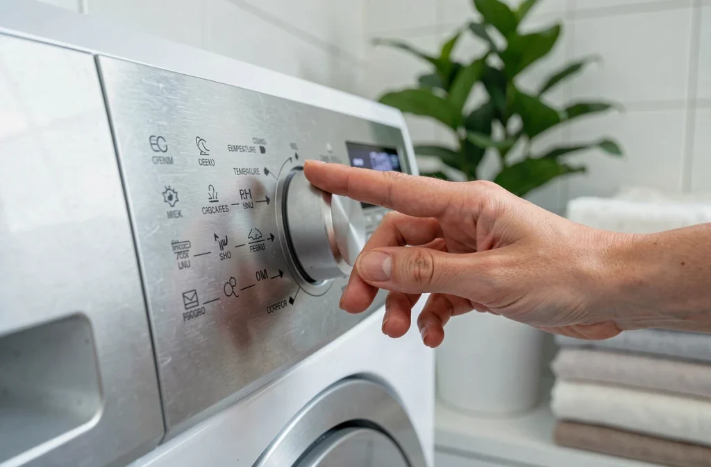 Gros plan sur les symboles du programme éco d'un lave-linge avec une main posée sur le sélecteur de cycle