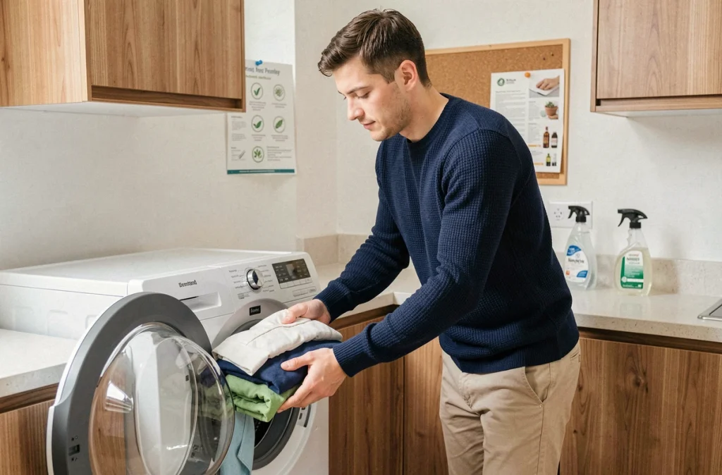 Homme chargeant un lave-linge avec du linge trié dans un appartement moderne, avec une fiche de conseils éco affichée au mur