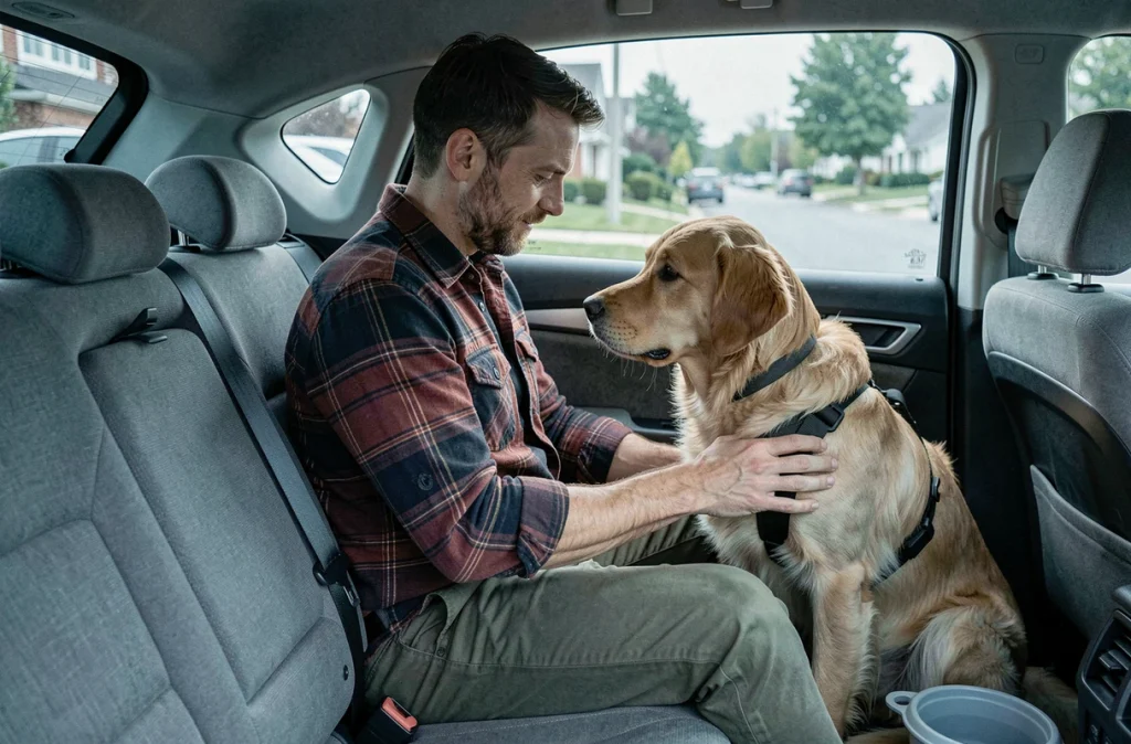Homme voyageant avec son chien golden retriever en voiture pendant un déménagement