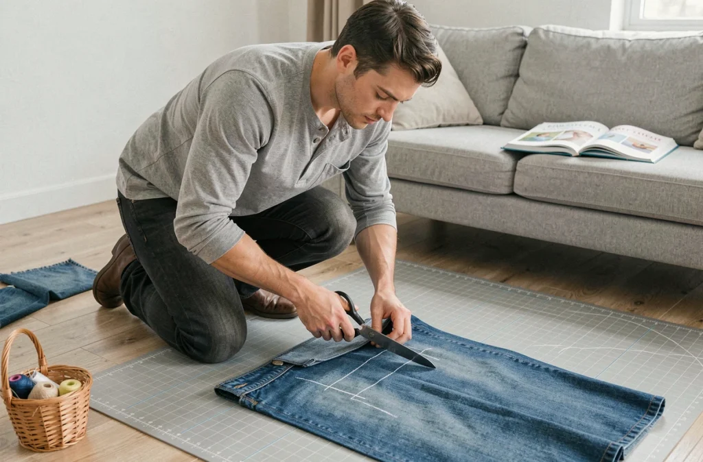 Homme débutant en DIY découpant du tissu en denim sur le sol avec des ciseaux et un guide en craie