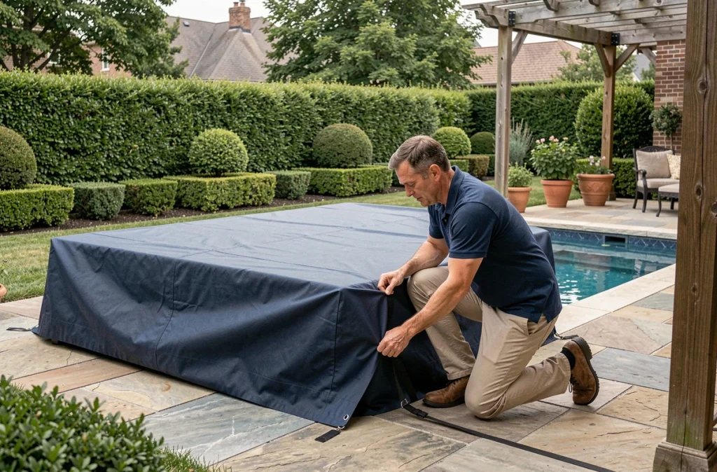 Homme installant une bâche de protection sur une piscine extérieure pour réduire l'évaporation et économiser l'eau