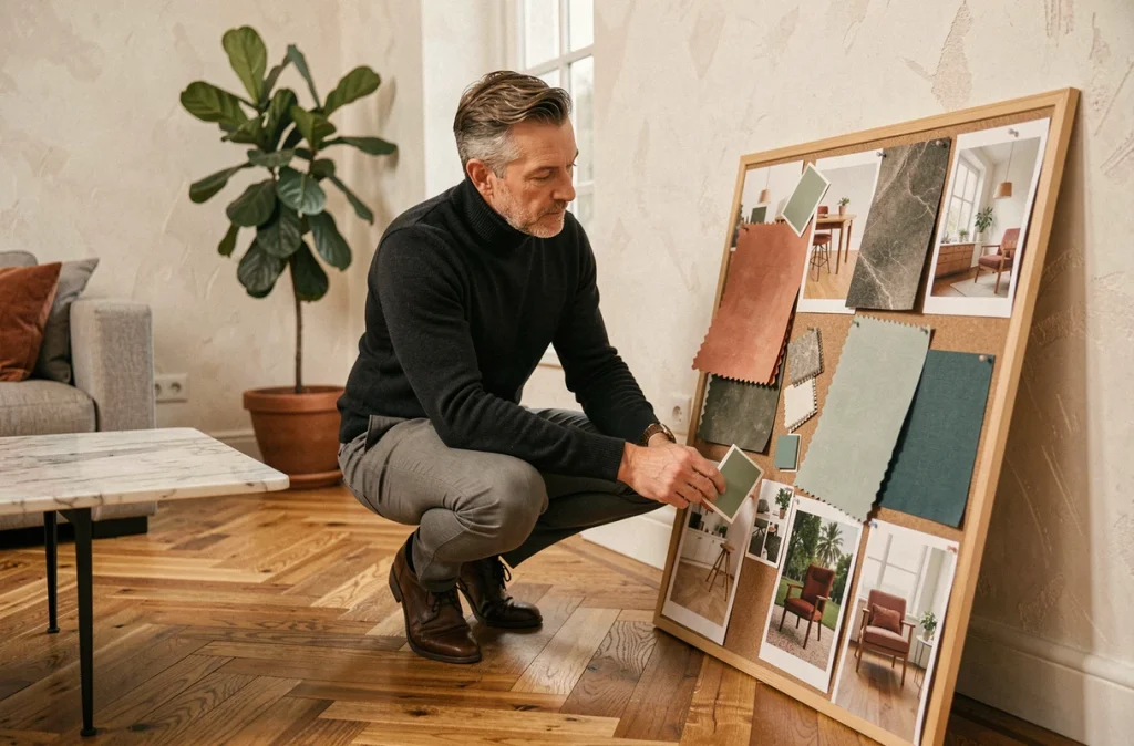 Homme arrangeant un tableau d'inspiration déco avec des échantillons de tissus et de peinture dans un salon élégant