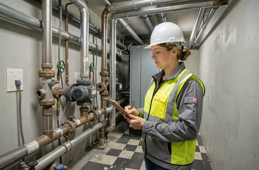 Ingénieure inspectant les installations techniques dans la chaufferie d'une copropriété pour vérifier la conformité RIBO T
