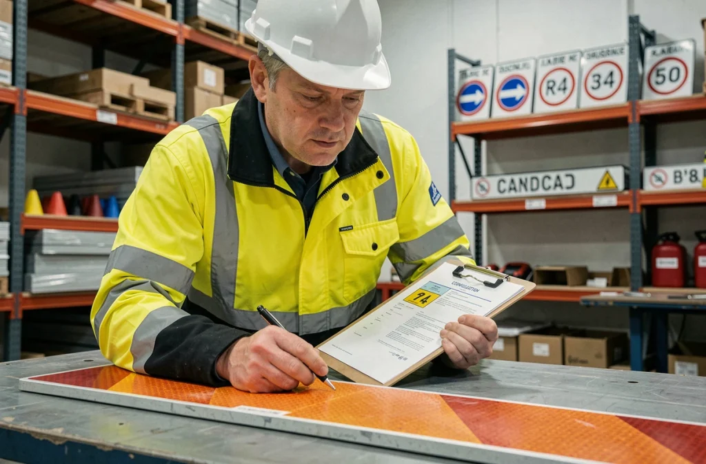 Technicien sécurité inspectant un panneau B34 homologué sur un établi en entrepôt avec documents de conformité