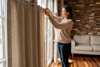 Femme installant un rideau thermique isolant sur une fenêtre double vitrage dans un salon moderne