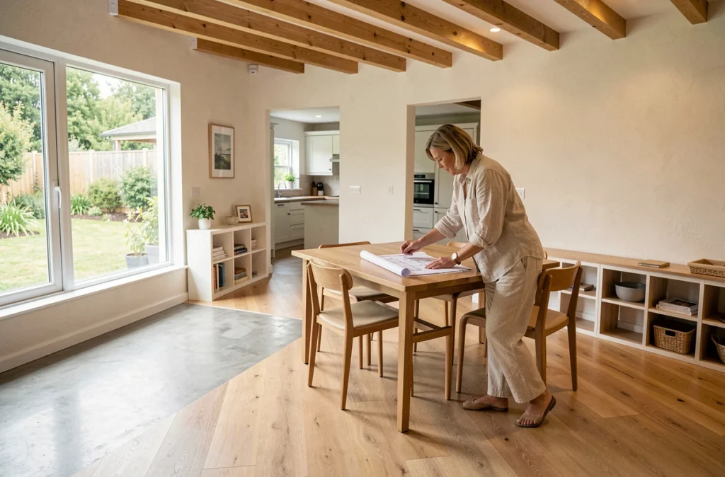 Intérieur spacieux d'une maison de plain-pied en L accessible, pièce de vie ouverte avec parquet et larges passages