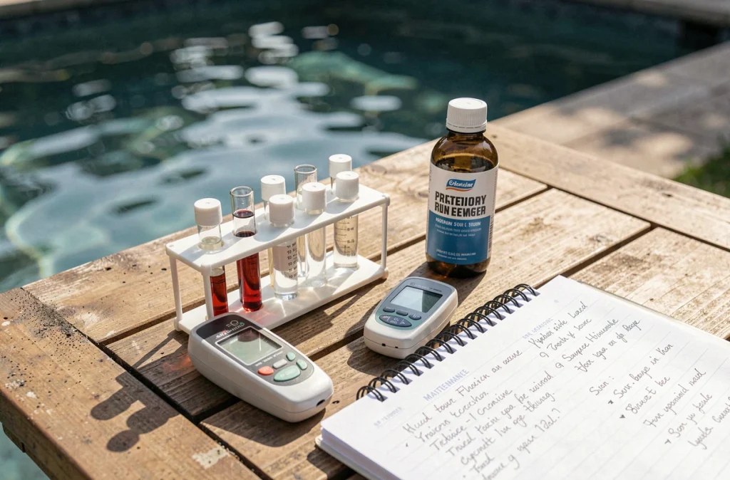 Kit de test de qualité d'eau et accessoires d'entretien de piscine posés sur une table extérieure, matériel pour économiser l'eau