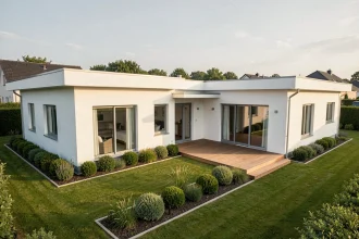 Maison plain-pied en L avec 4 chambres vue de l'extérieur, jardin aménagé et terrasse en bois