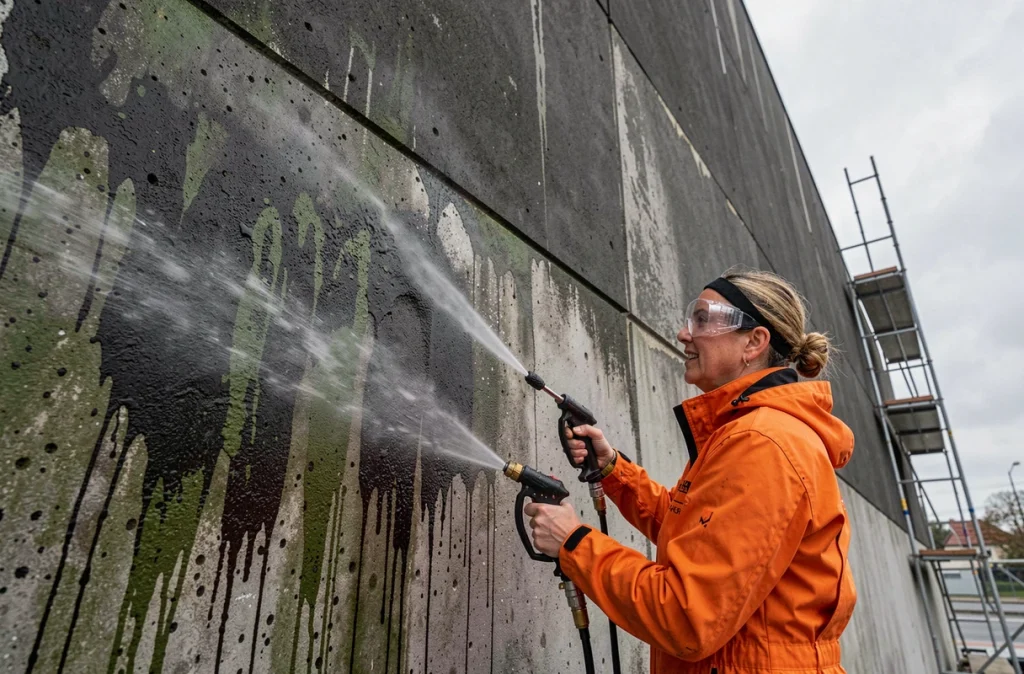 Technicienne utilisant un nettoyeur haute pression sur une façade en béton couverte de mousse, illustrant le nettoyage façade prix au m2