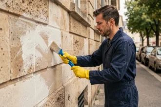 Professionnel appliquant un traitement chimique sur une façade en pierre calcaire avec un pinceau, mettant en évidence le nettoyage de façade au m2