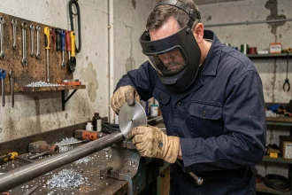 Ouvrier métallurgiste utilisant un disque à tronçonner sur un tuyau en acier dans un atelier industriel