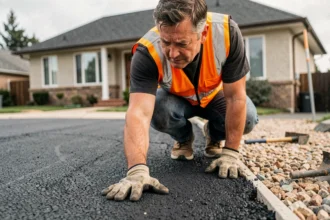 Ouvrier inspectant une surface en enrobé bitumineux fraîchement posée sur une allée résidentielle