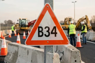 Panneau B34 homologué installé à l'entrée d'un chantier de construction avec cônes de sécurité et barrières béton